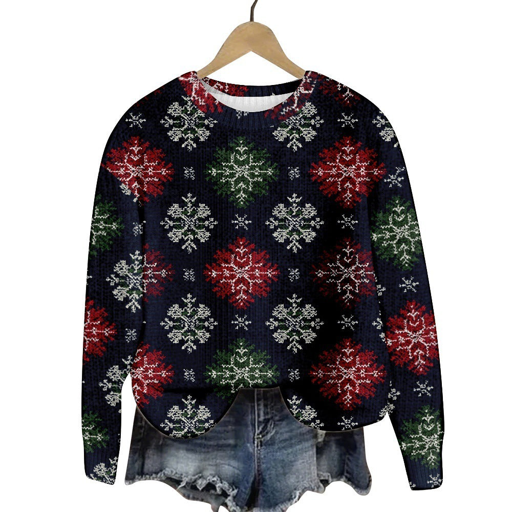 Christmas Cat Hat Snowflake Print Women's Round Neck Sweatshirt